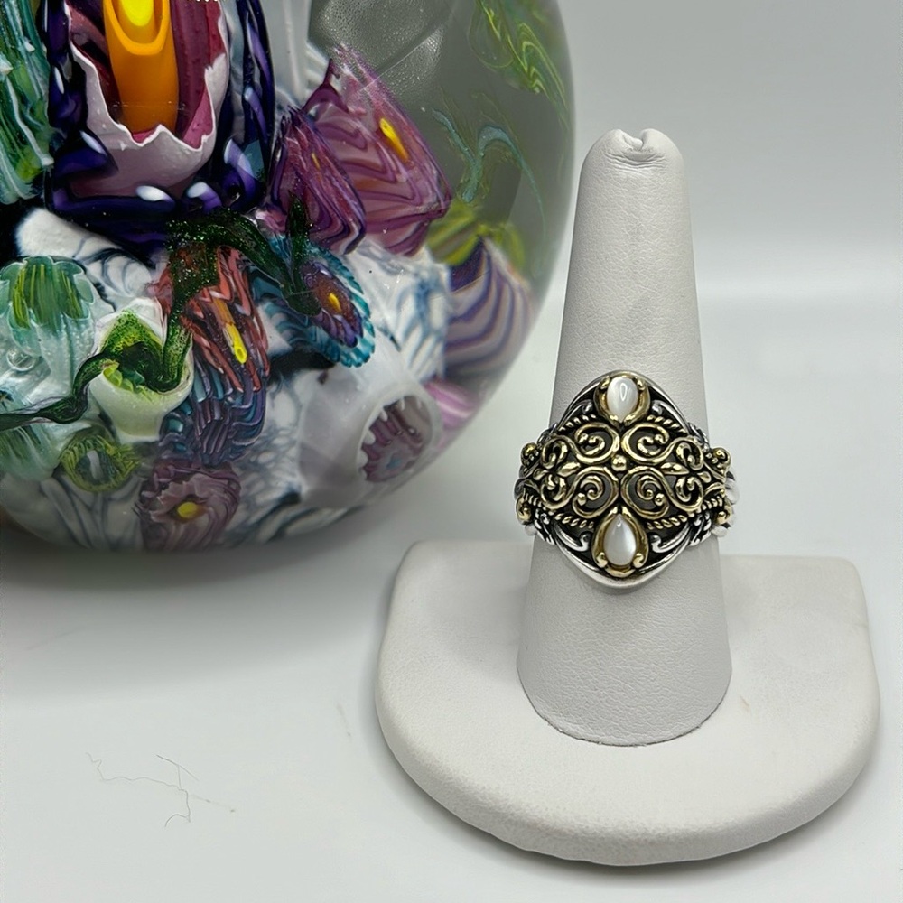 925 Sterling Silver Ring/Gold Scroll Overlay with White Iridescent Stones